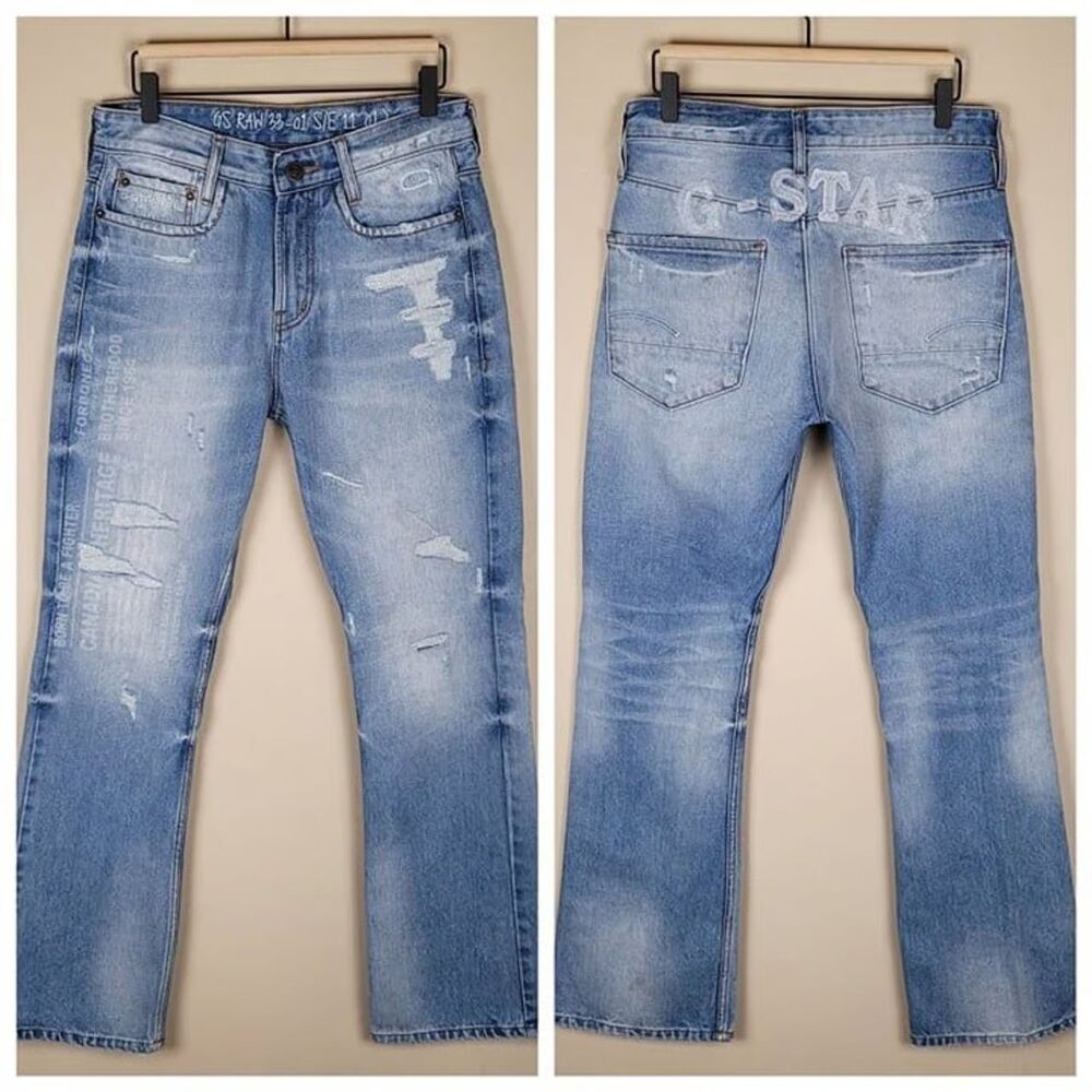G-Star Raw Size 29x32 3301 Jeans Distressed Flare Bootcut Embroidered Light Blue
